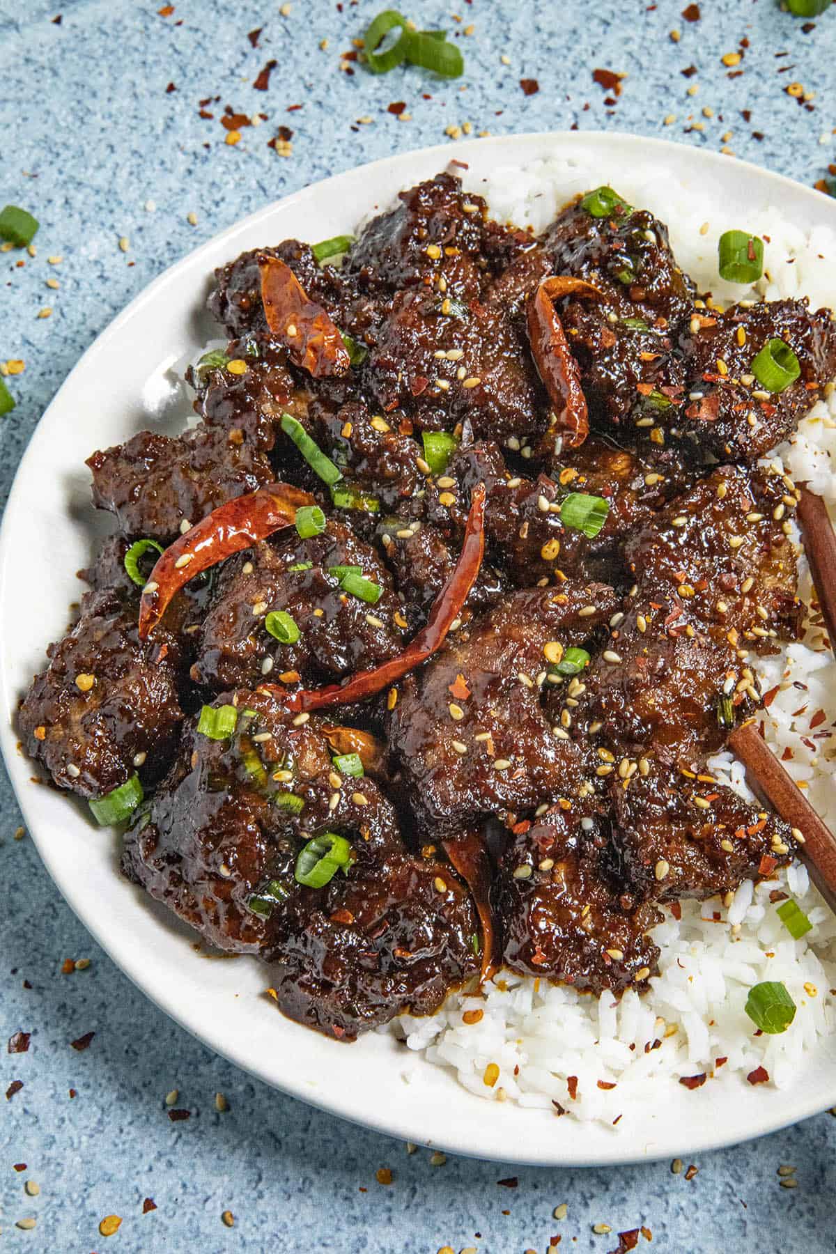 Mongolian Beef on a plate with rice