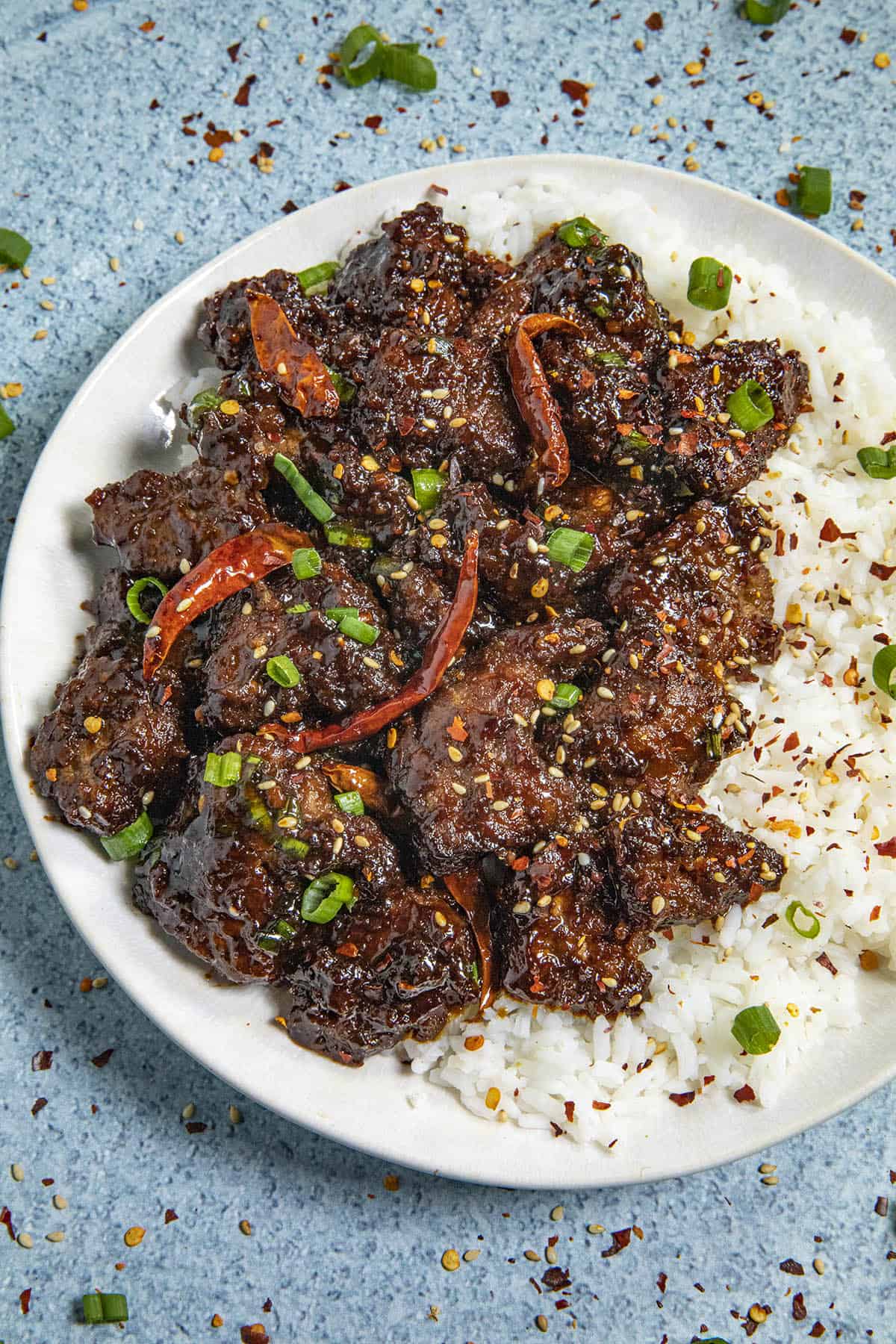Mongolian Beef on a plate with rice, ready to serve