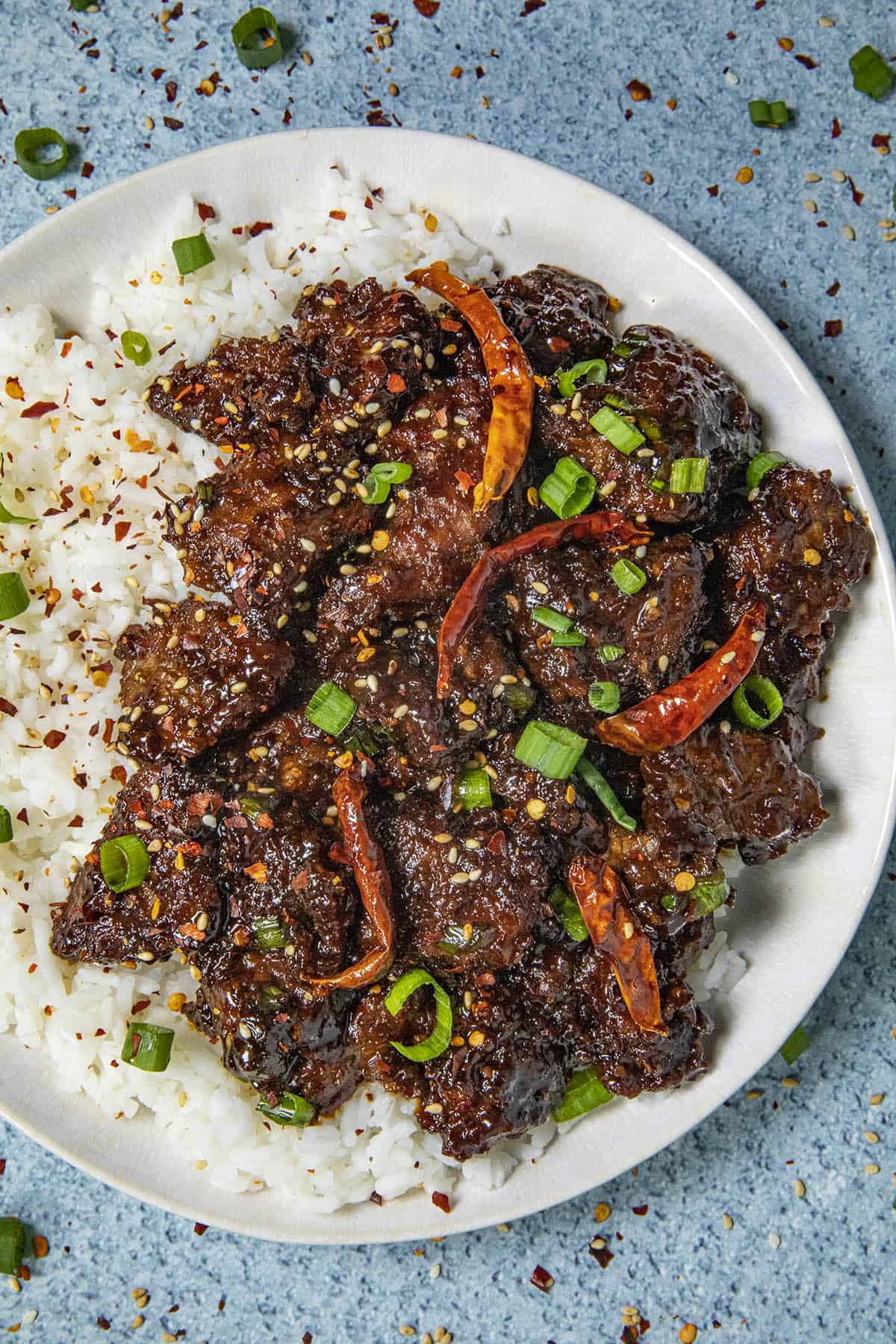 Mongolian Beef on a plate with rice