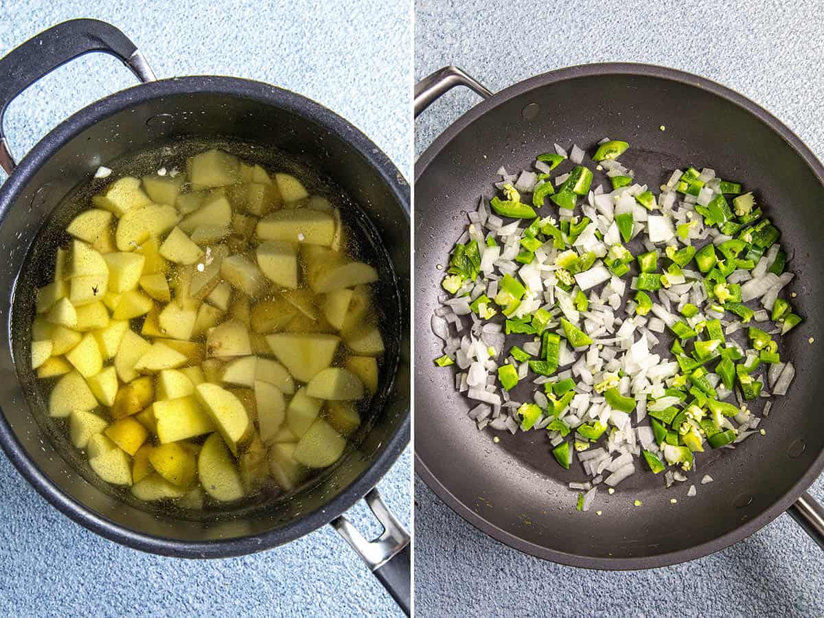 Boiling potatoes, and cooking onions and peppers in a pan to make Papas con Chorizo.