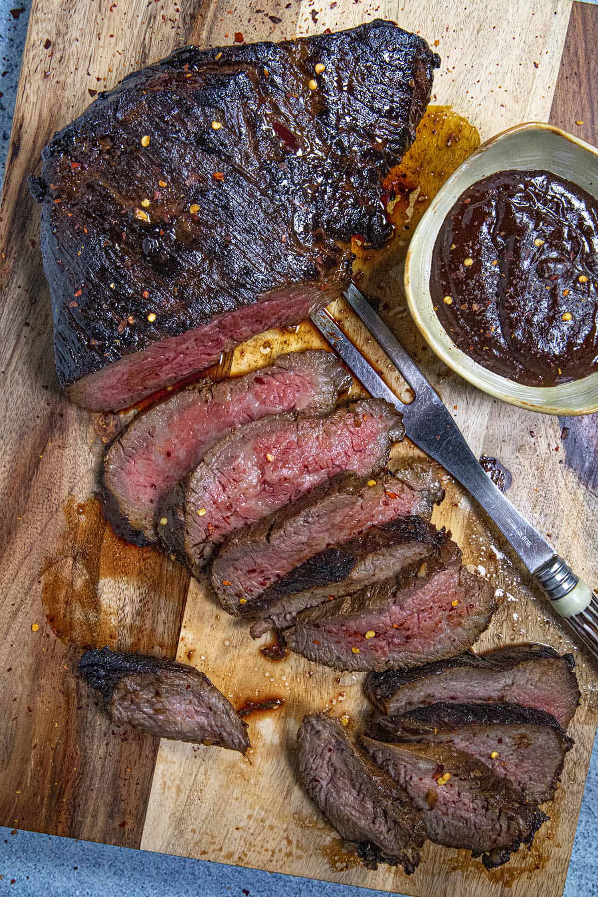 Sliced marinated tri tip steaks, ready to serve with gravy