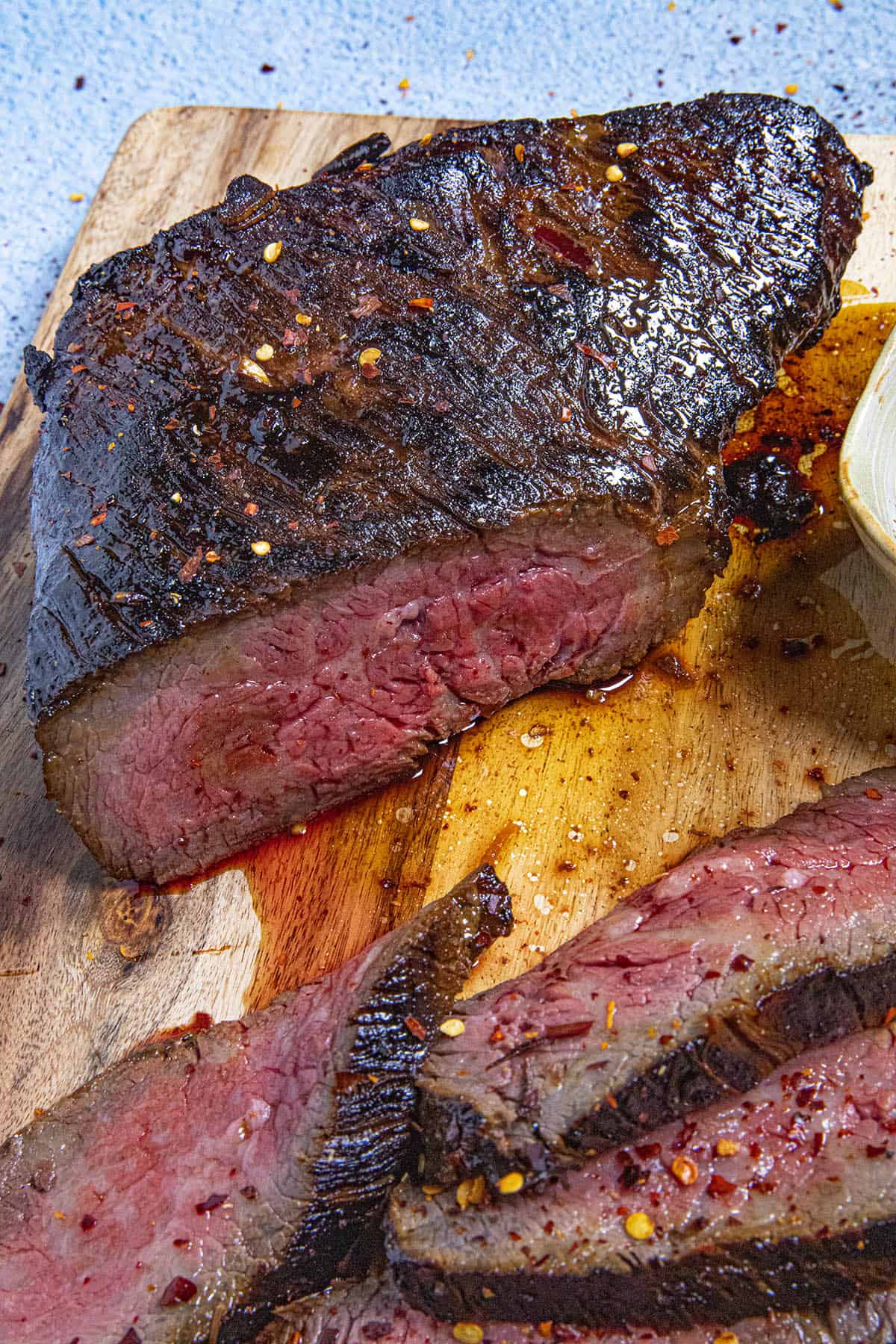 Sliced marinated tri tip steaks