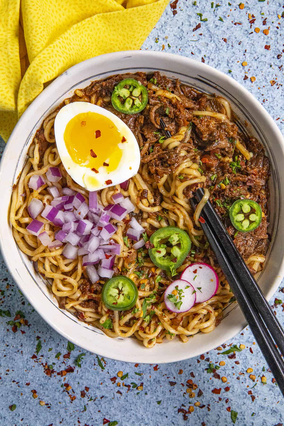 Birria Ramen in a bowl ready to serve
