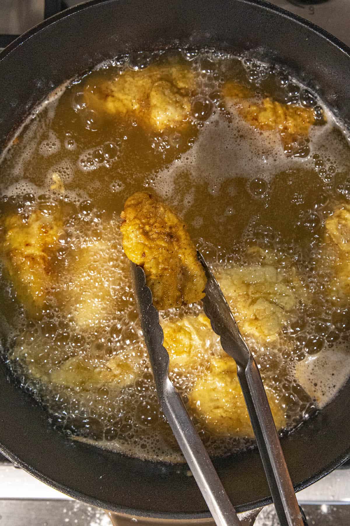 Frying the boneless Buffalo wings
