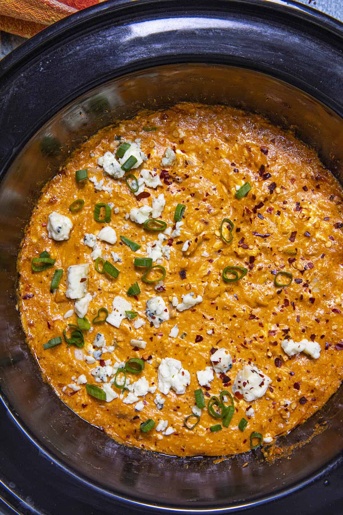 Crockpot Buffalo Chicken Dip ready to serve