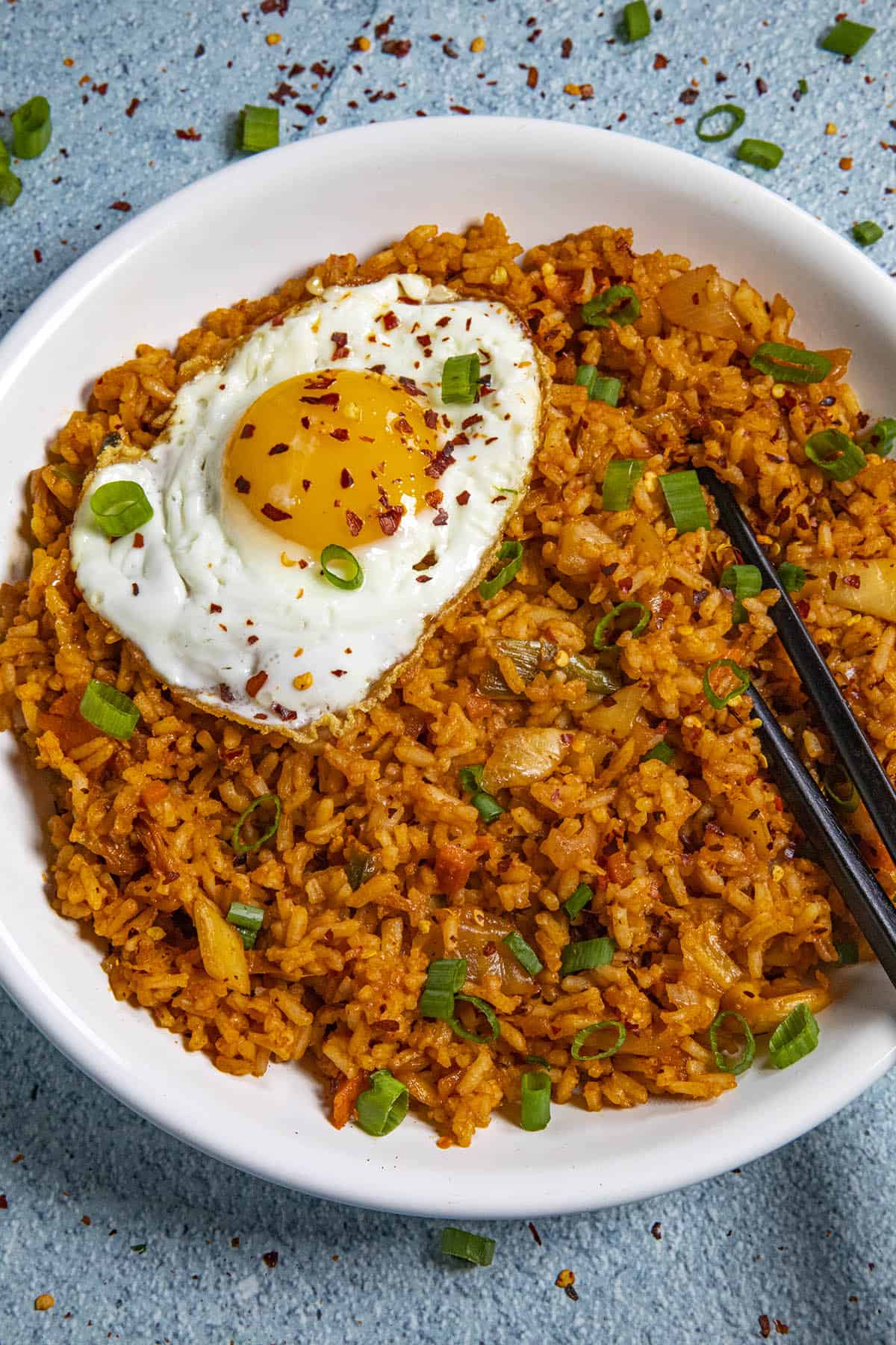 Kimchi Fried Rice in a bowl with a fried egg