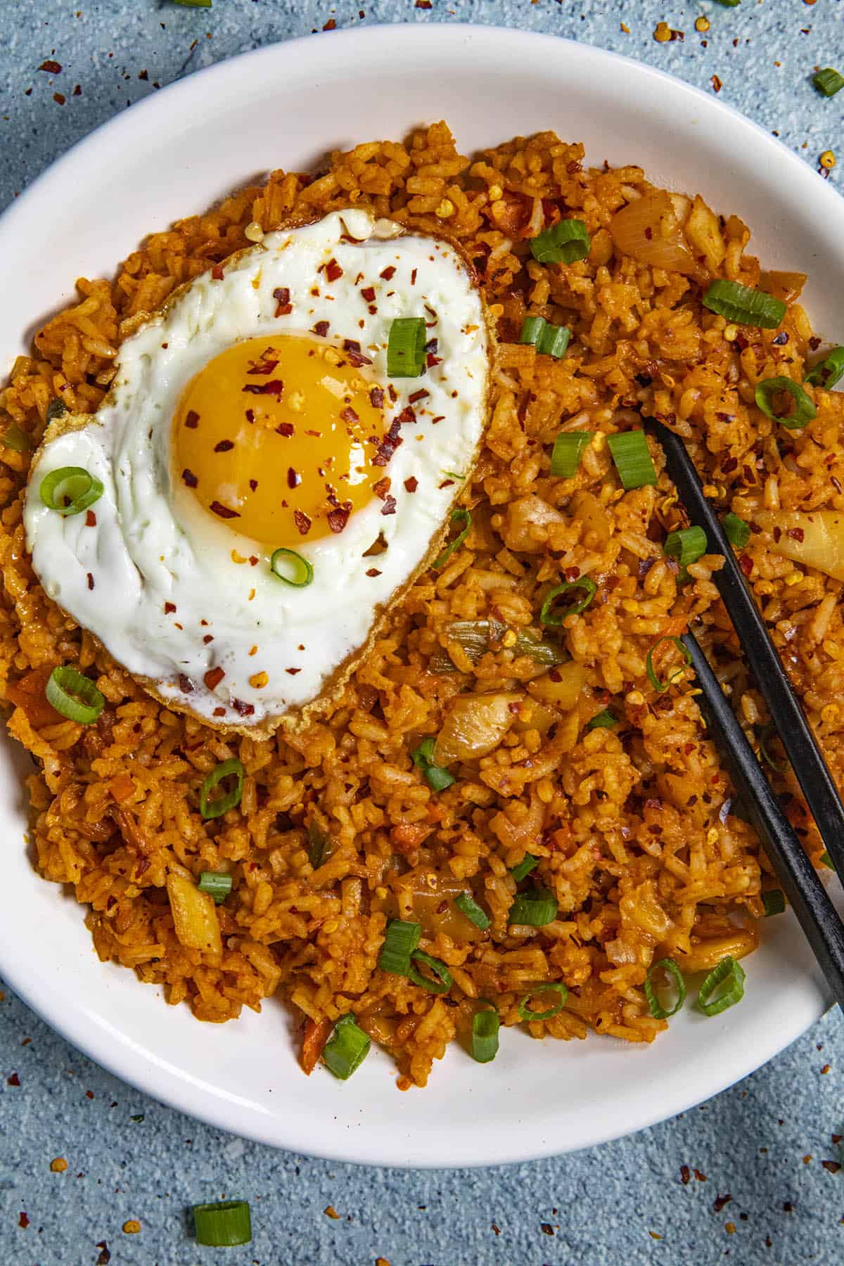 Kimchi Fried Rice in a bowl with garnish
