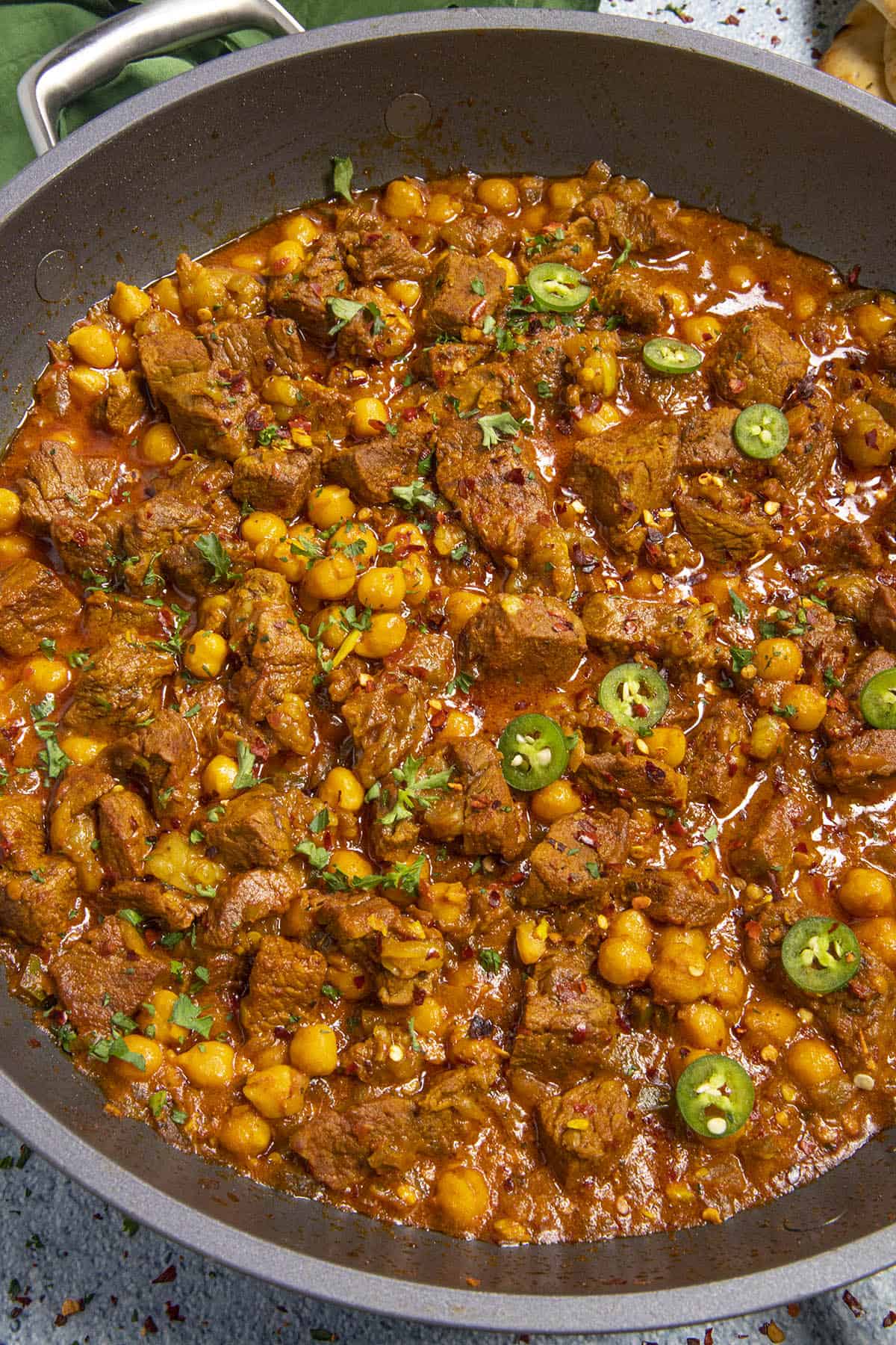 Lamb Vindaloo in a hot pan, ready to serve
