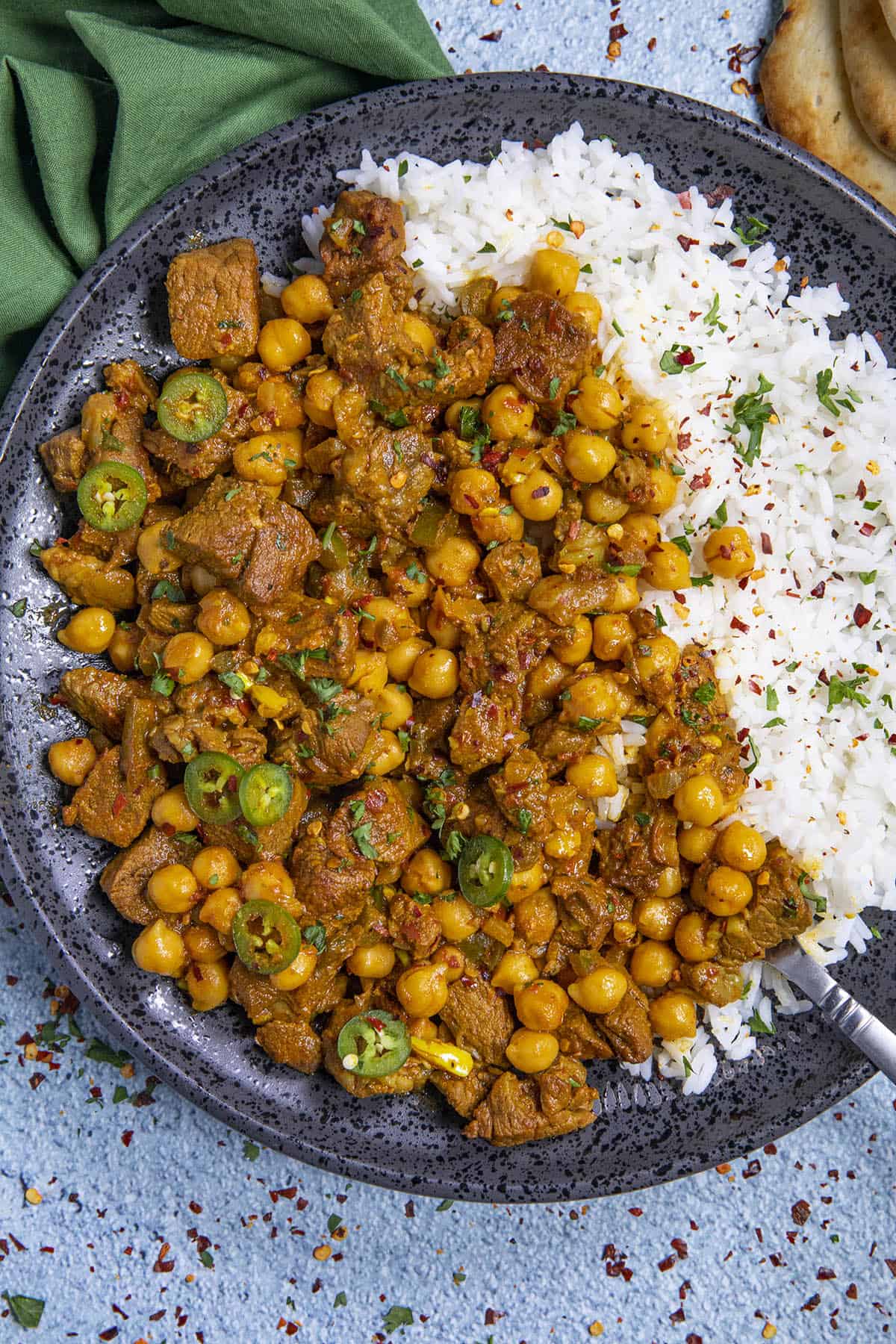 Spicy Lamb Vindaloo on a plate with rice, ready to eat