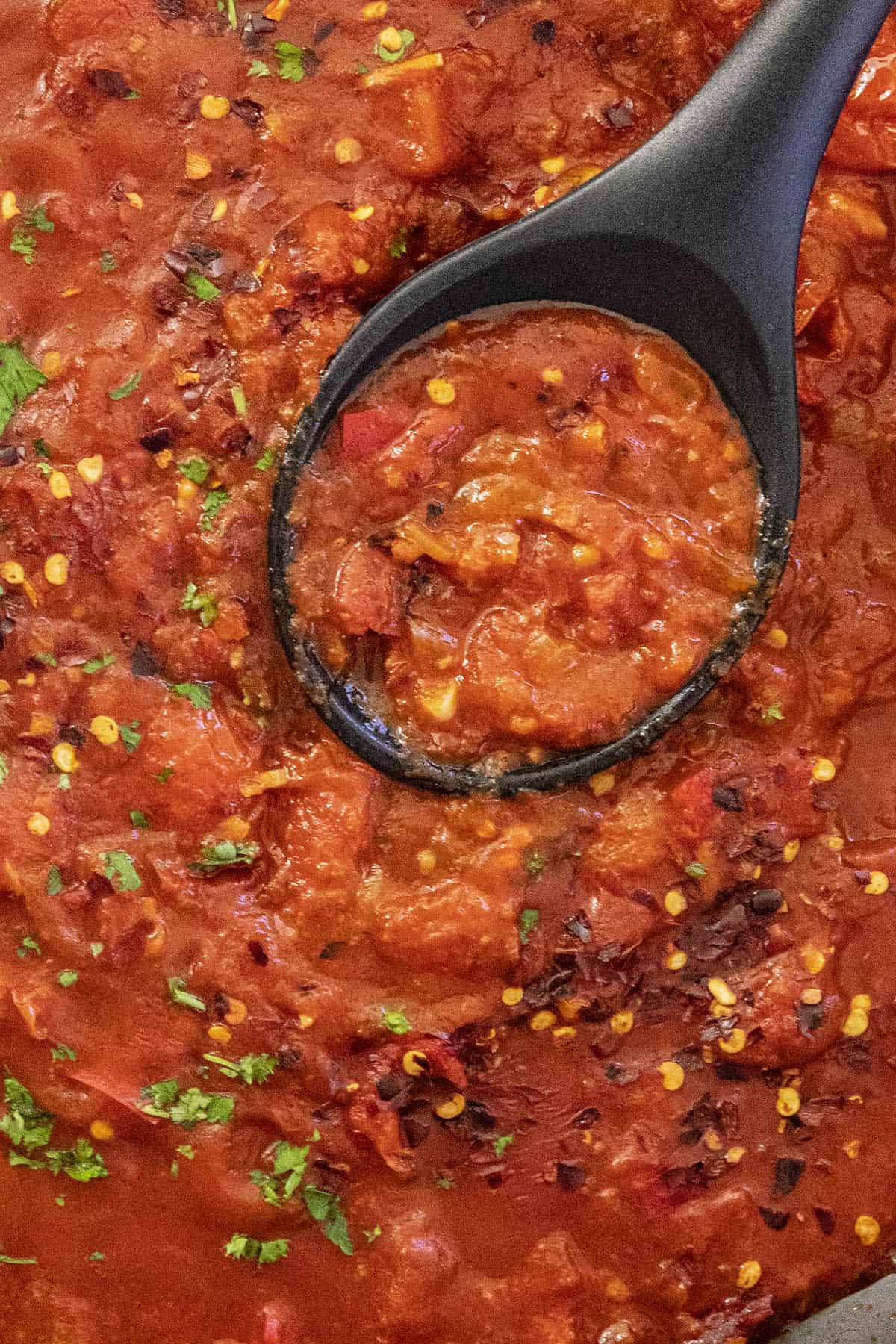 Spicy Arrabbiata Sauce on a spoon for serving