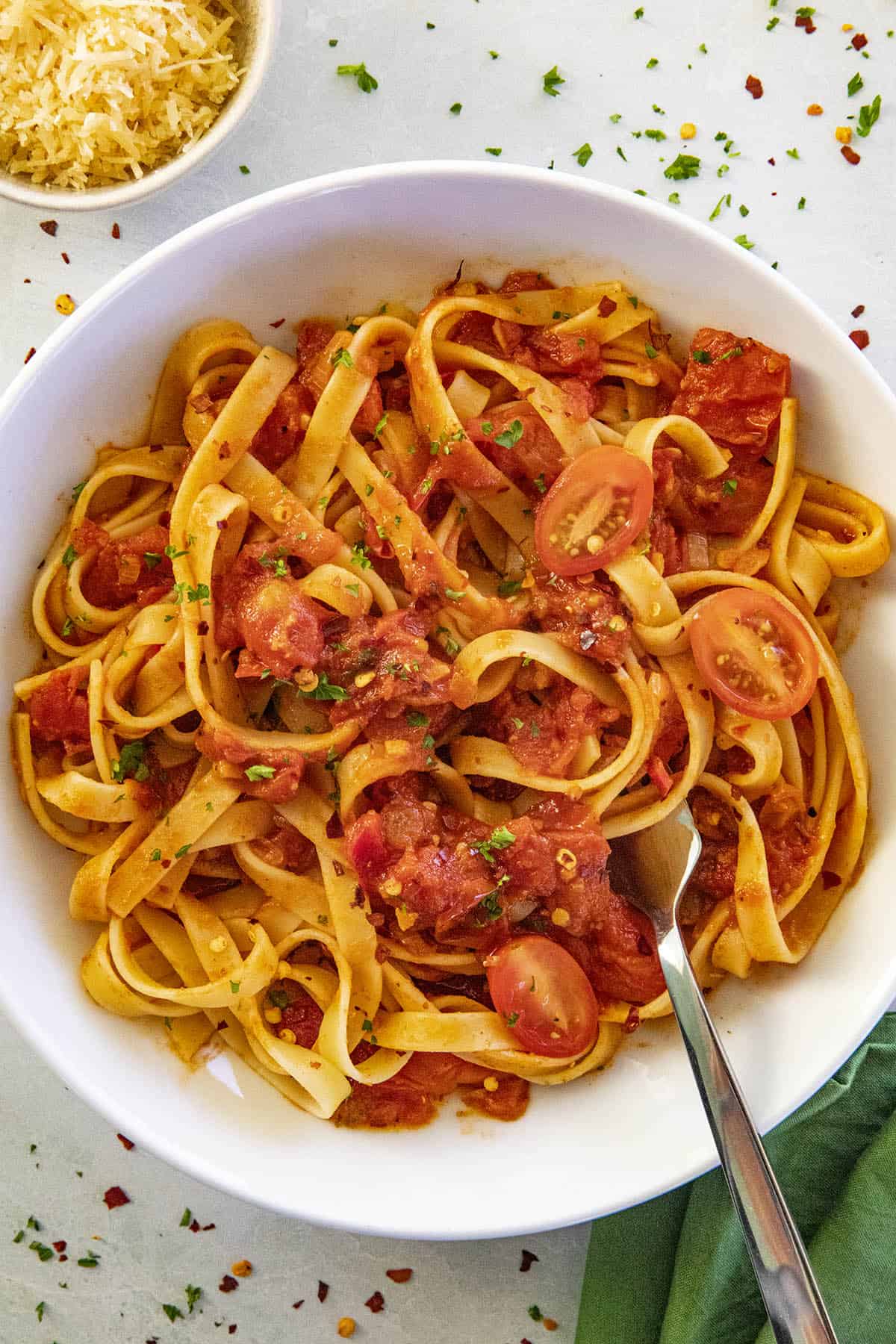 Pasta with spicy Arrabbiata Sauce in a bowl