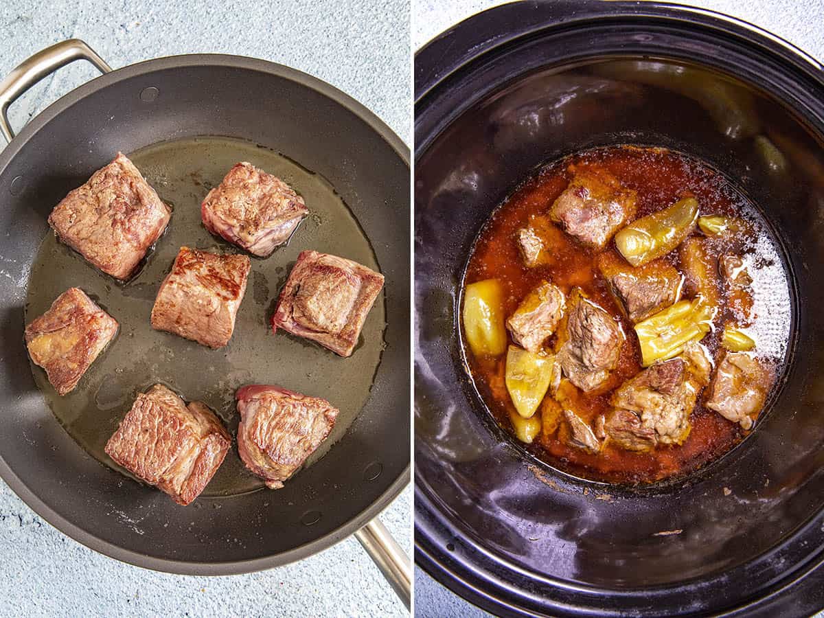 Searing beef and Mississippi Pot Roast simmering in a slow cooker