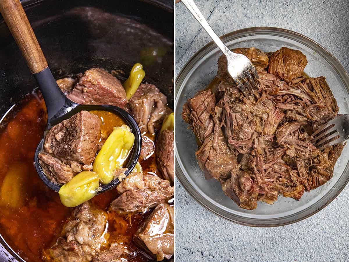 Shredding Mississippi Pot Roast with two forks