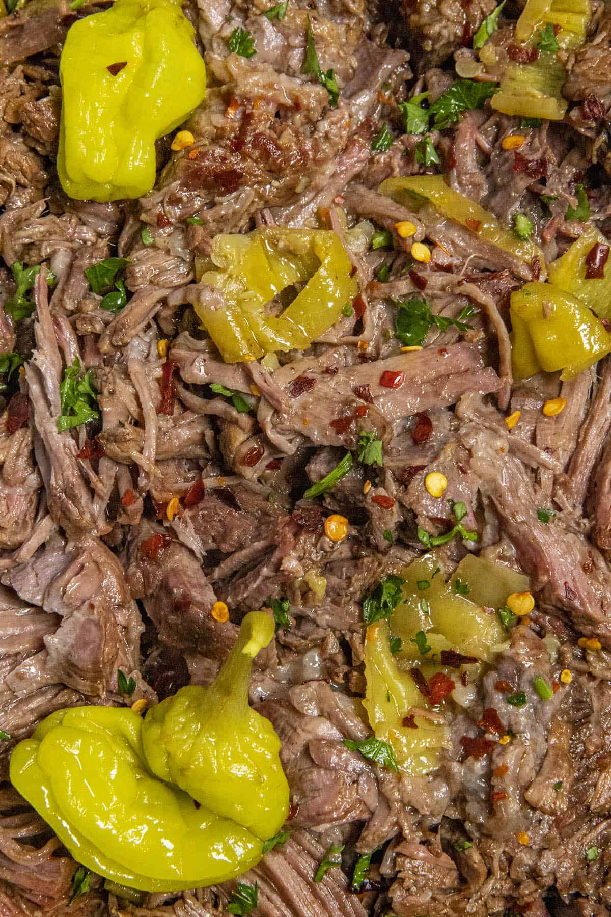 Shredded Mississippi Pot Roast with pepperoncini peppers