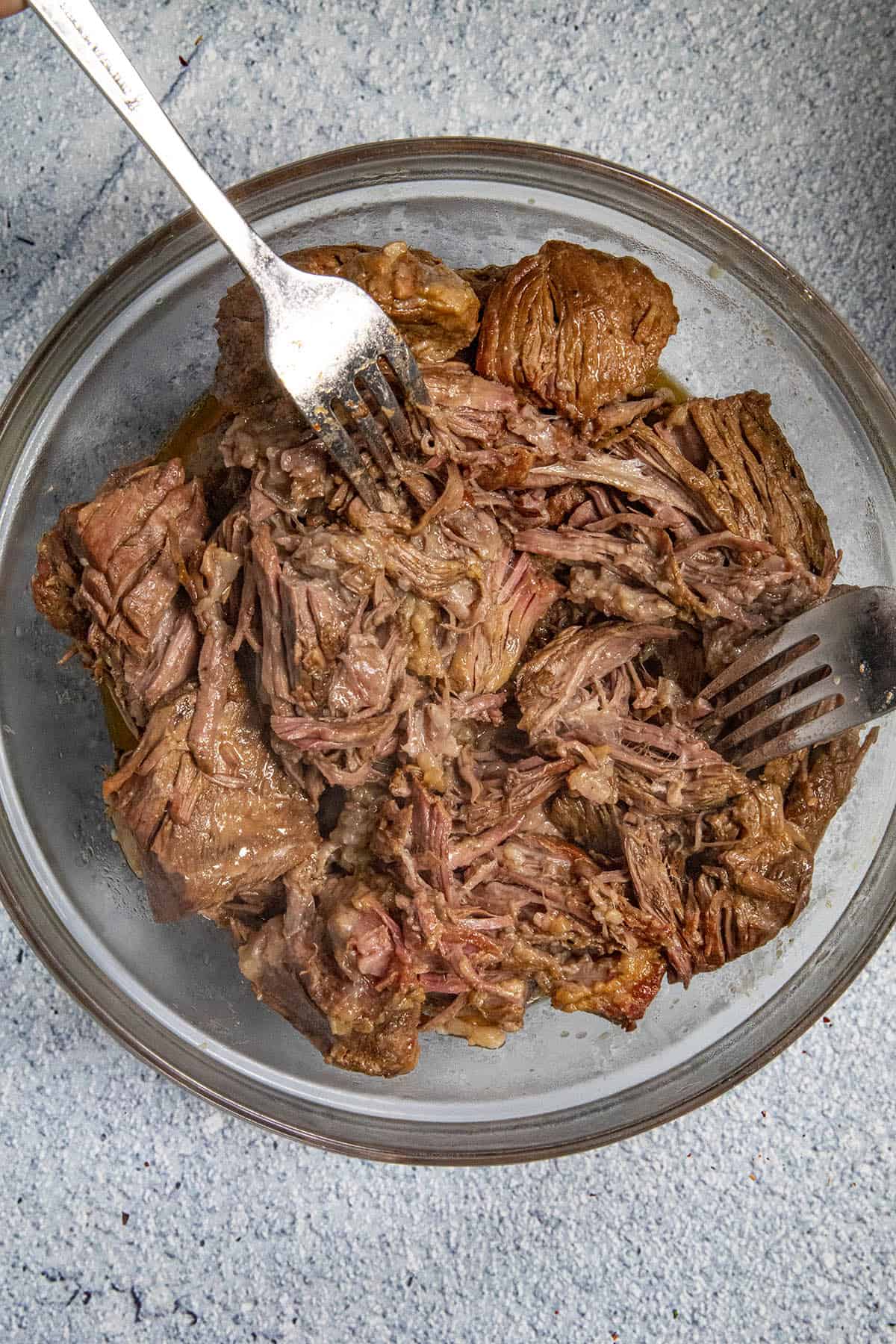 Shredding Mississippi Pot Roast with two forks
