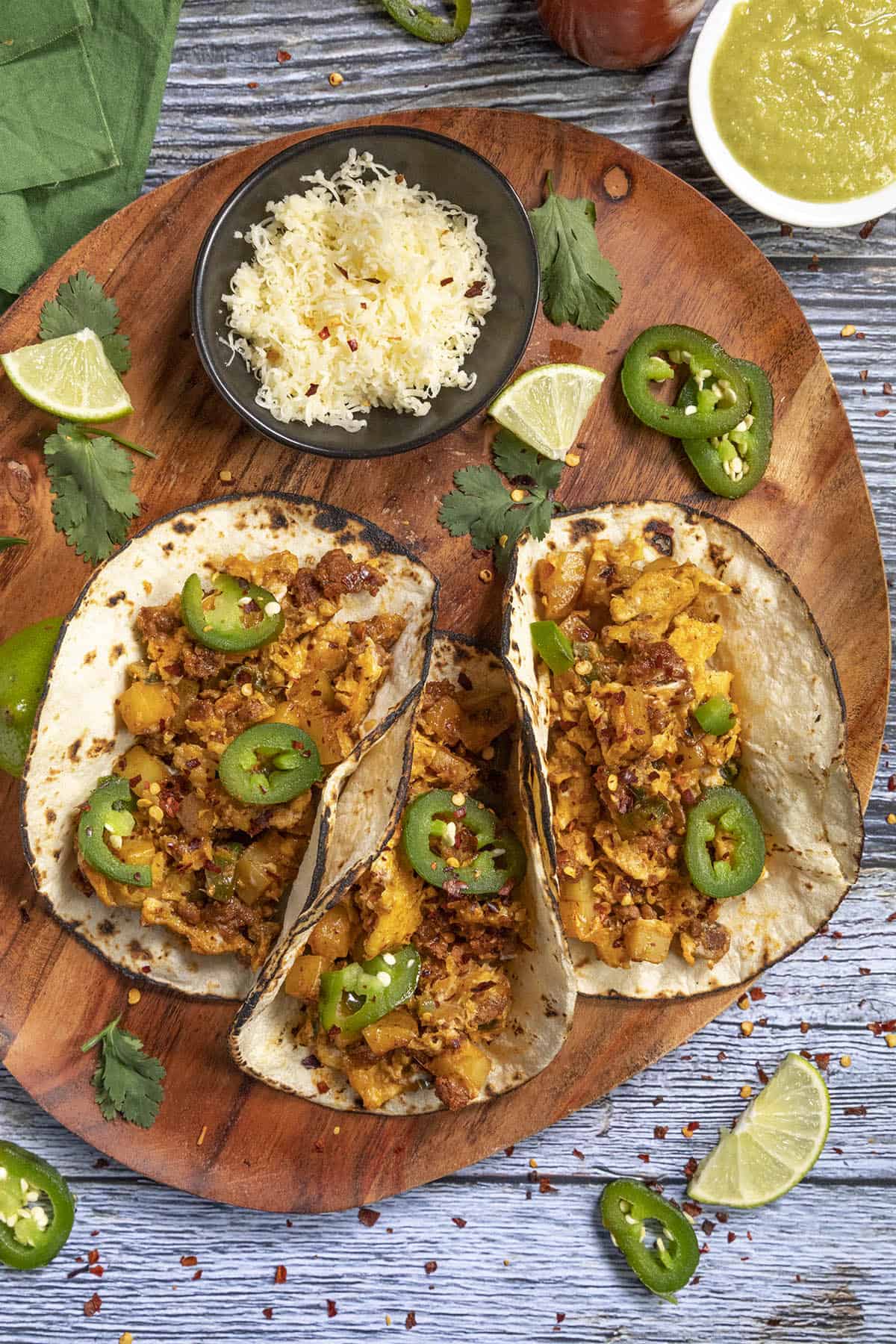 Three Spicy Breakfast Tacos on a platter