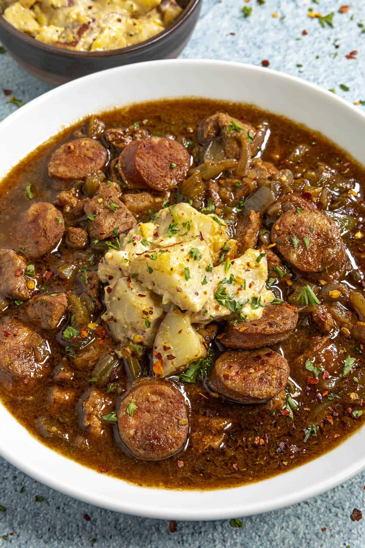 Potato Salad in a bowl of gumbo