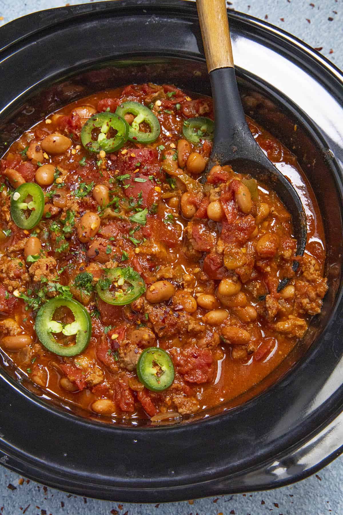 A big scoop of Crockpot Chili for serving