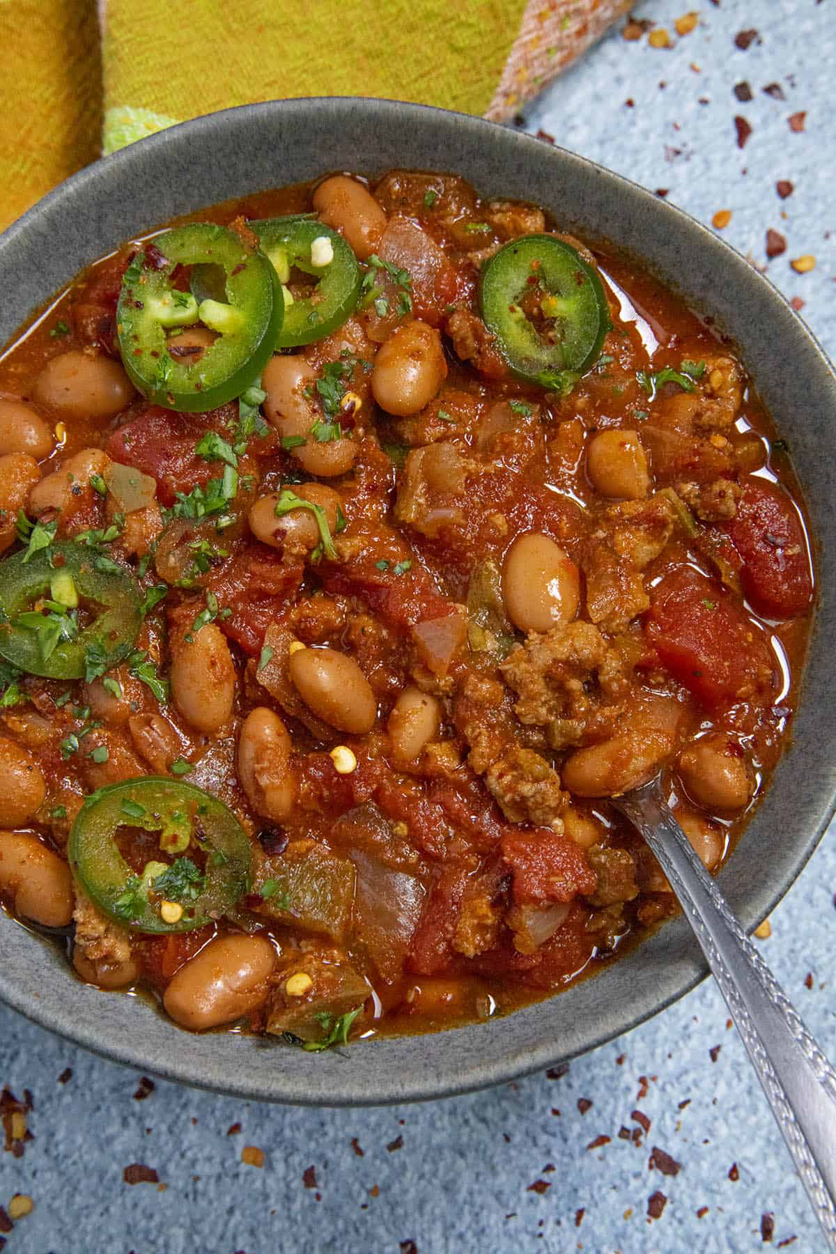 A big bowl of Crockpot Chili, ready to serve