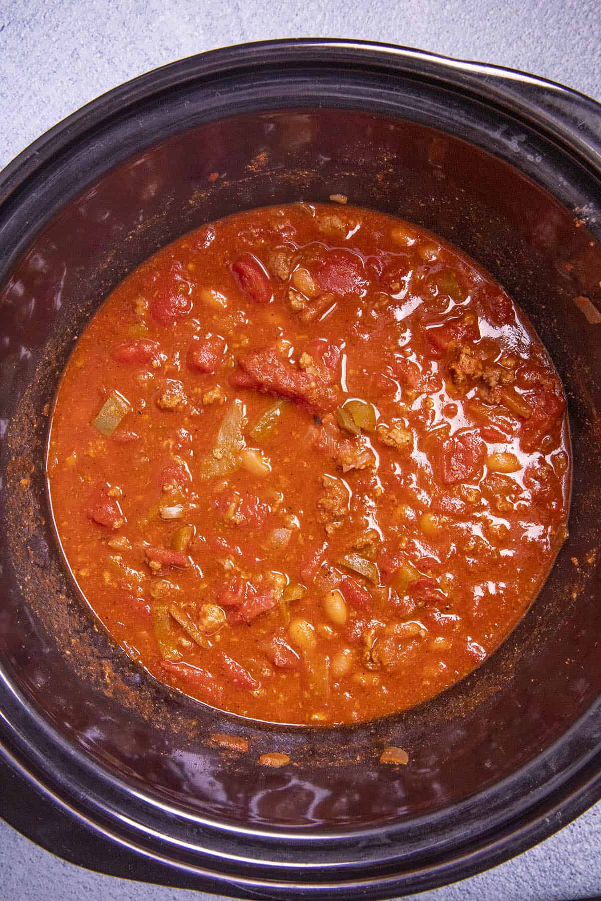 Crockpot Chili simmering in the slow cooker