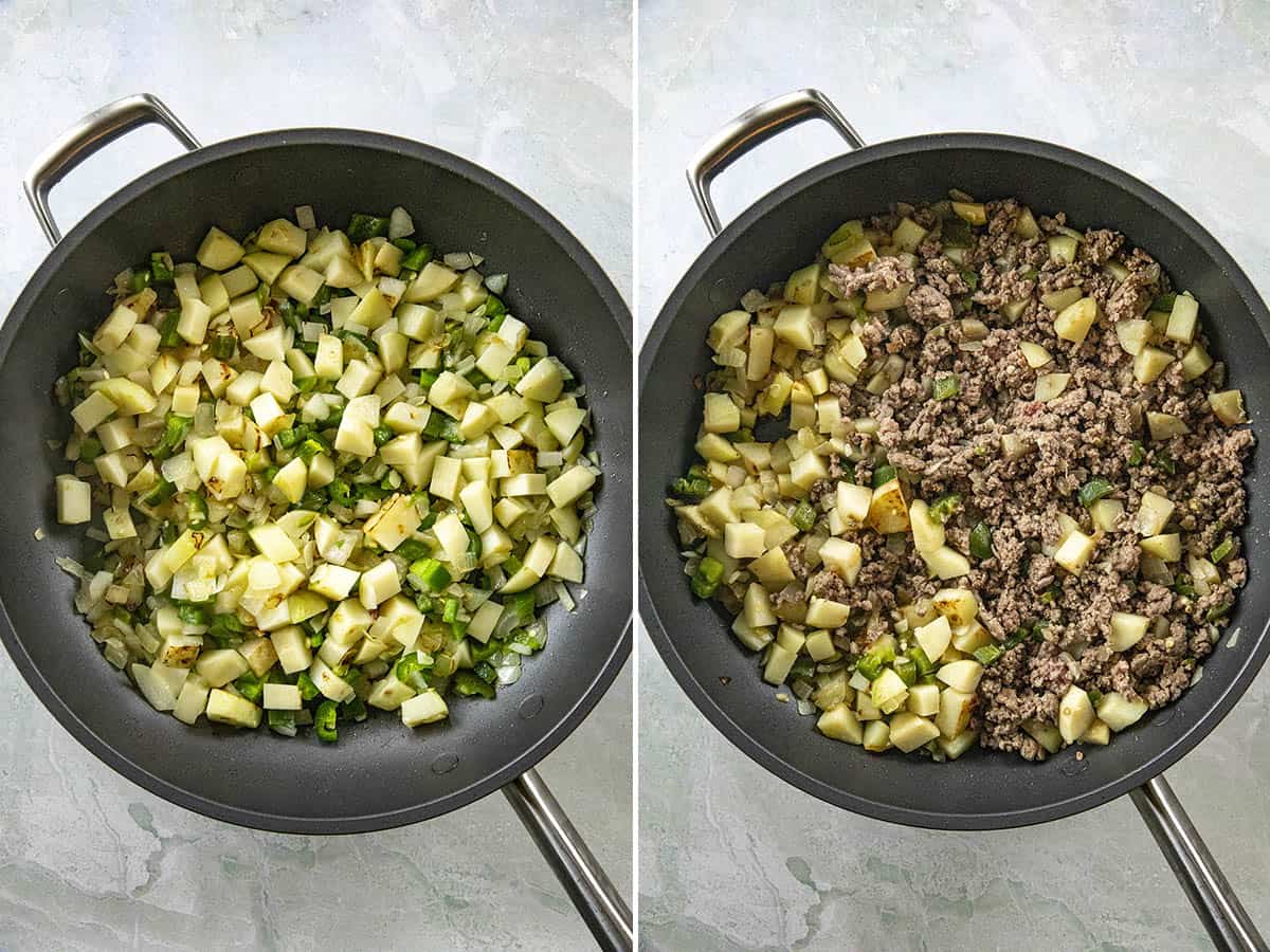 Cooking ground beef, peppers and potatoes to make Mexican Picadillo