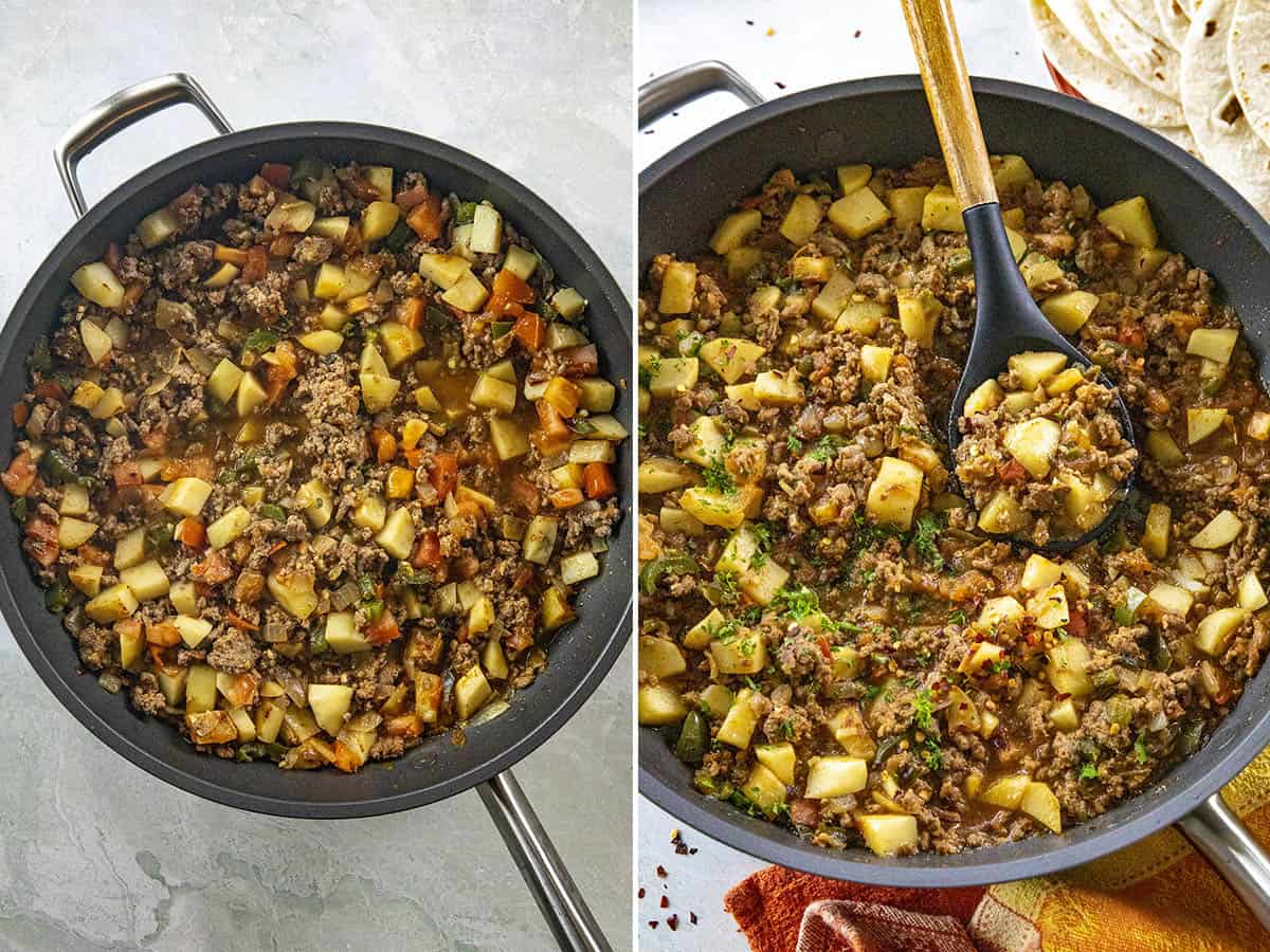 Mexican Picadillo simmering in a pan, and ready to serve.