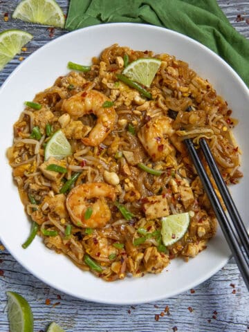 Pad Thai in a bowl, ready to serve