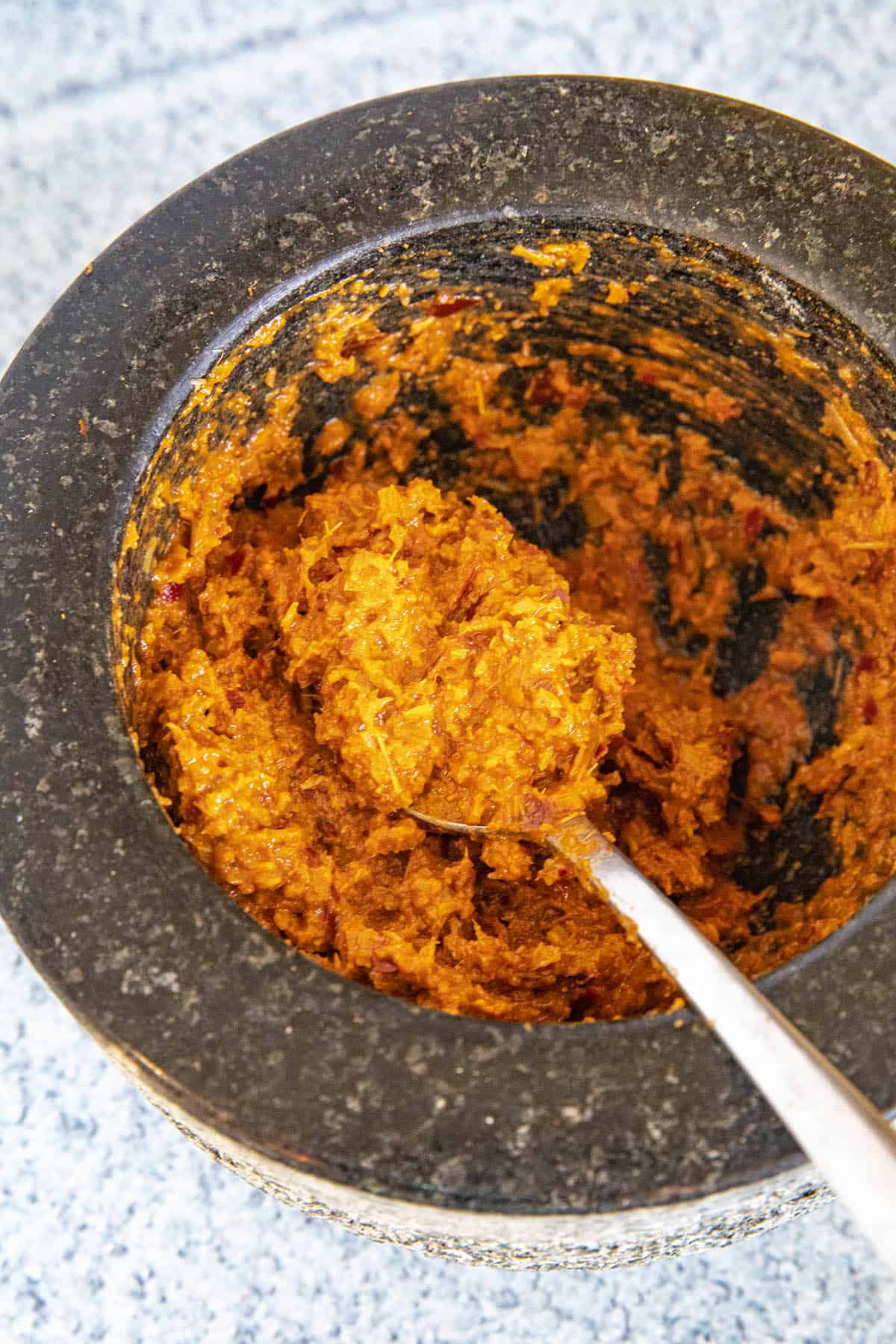 Panang Curry Paste in a grinding bowl
