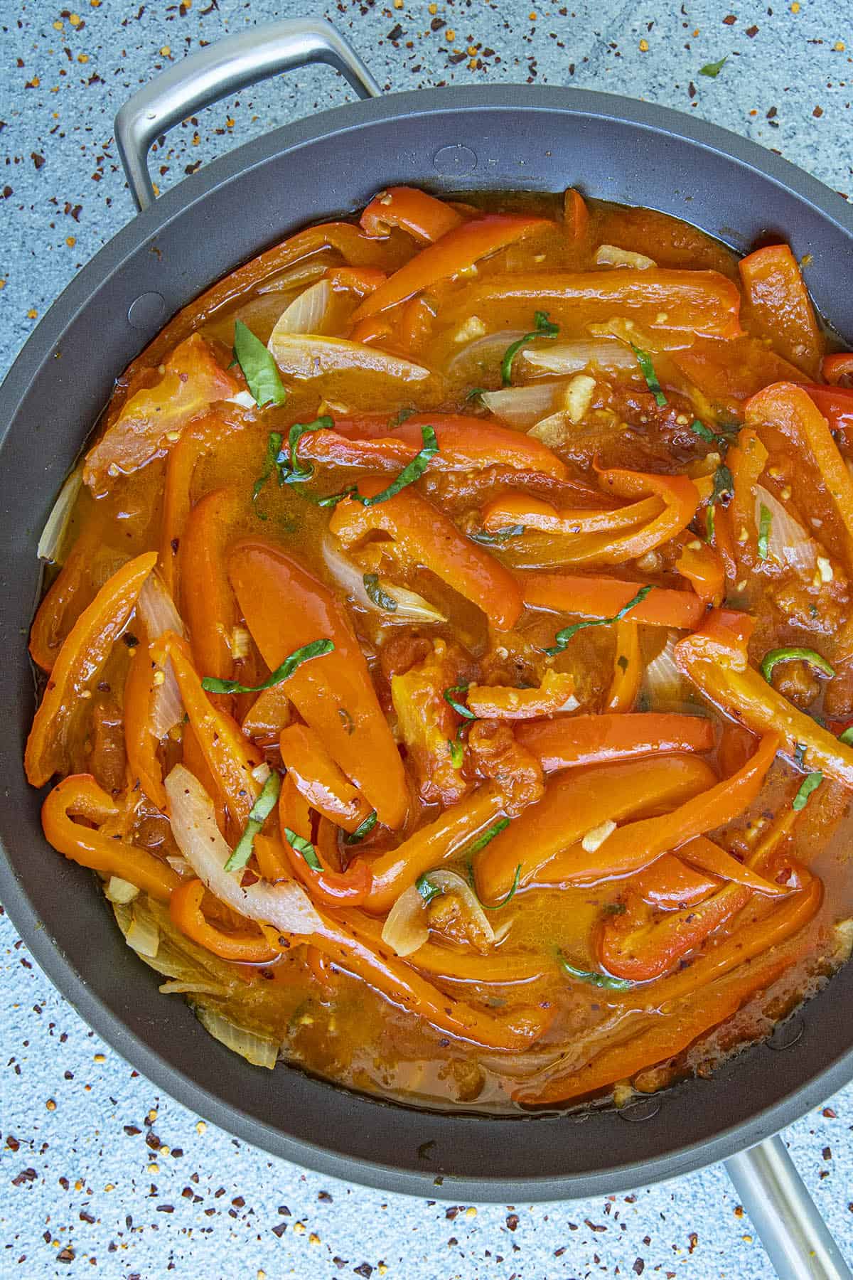 Peperonata in a pan with garnish