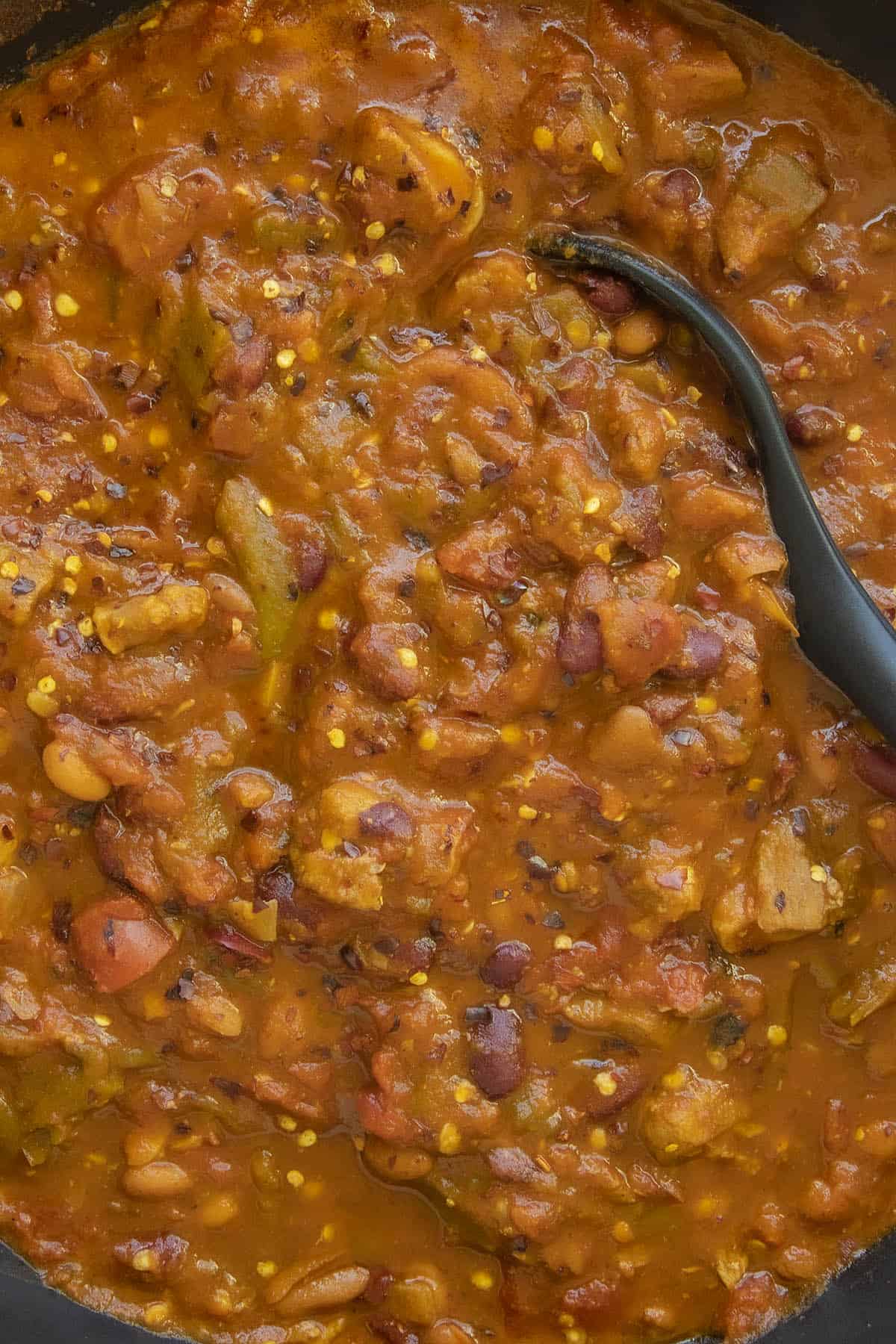 Simmering the Pork Chili with Roasted Hatch Chiles