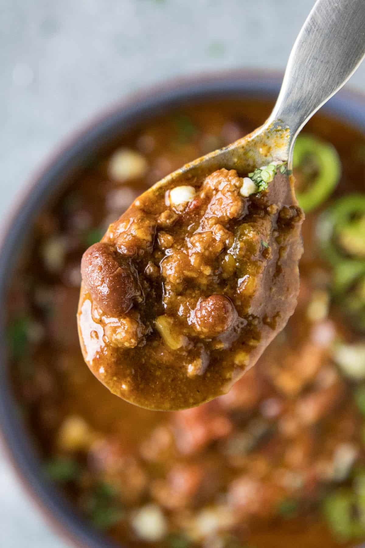 Beef Slow Cooker Chili on a spoon