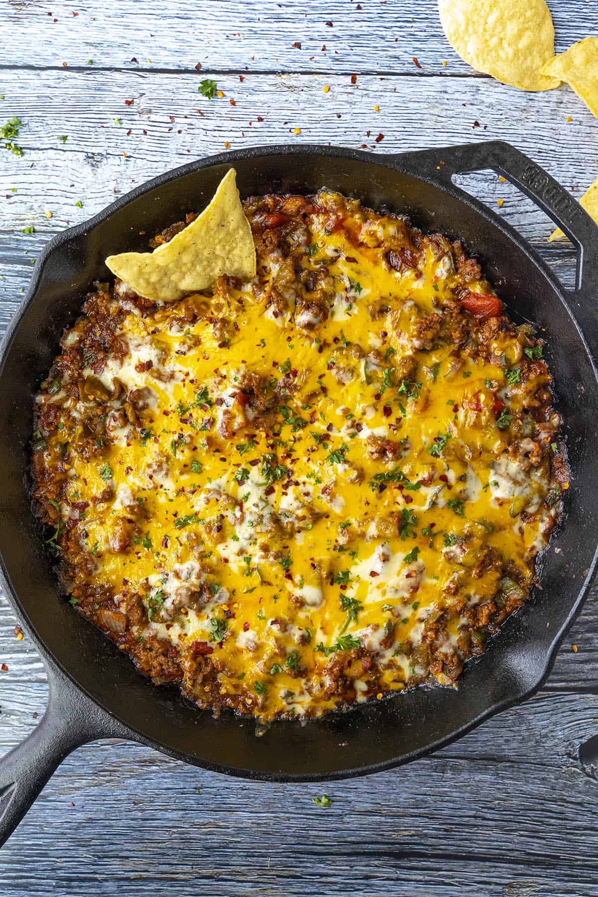 Hatch Chili Cheese Dip in a hot pan, ready to serve