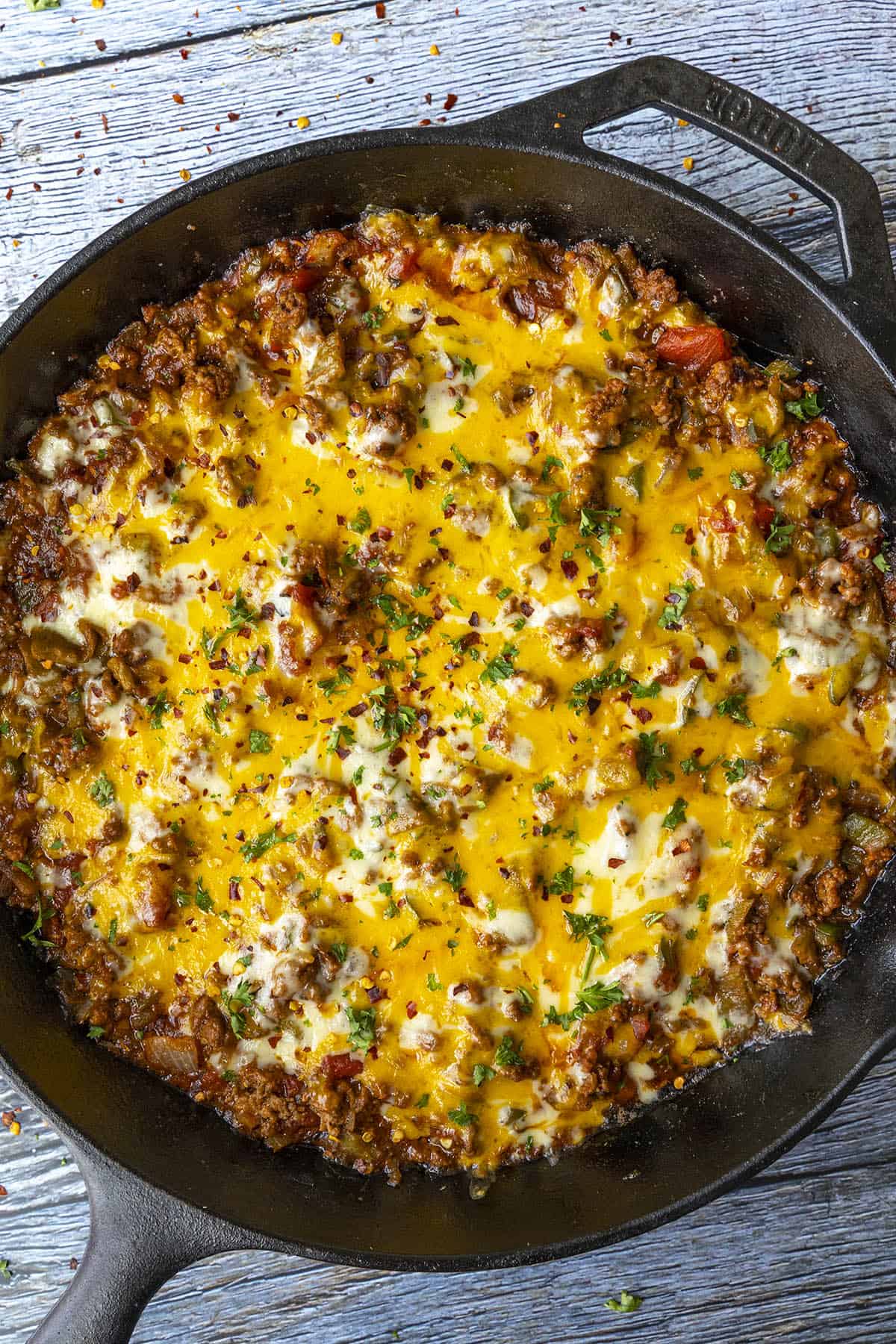 Hatch Chili Cheese Dip in a hot pan