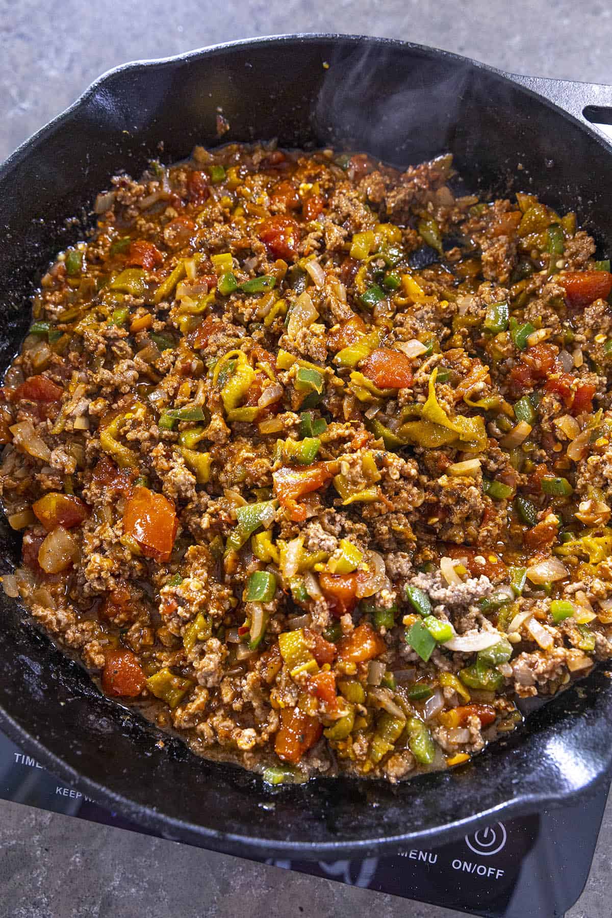 Homemade chili in a pan for Chili Cheese Dip