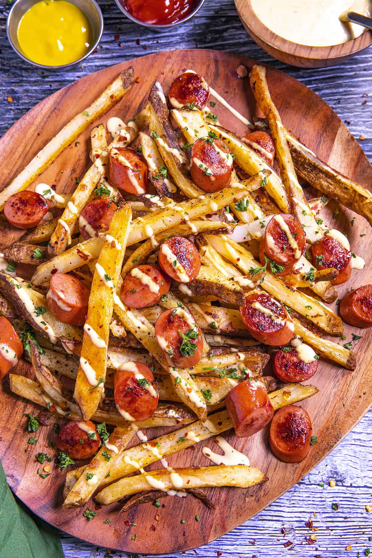 Salchipapas on a platter