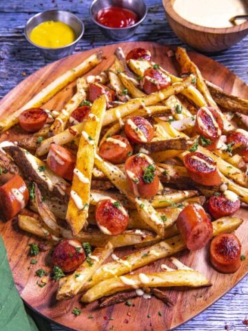 Salchipapas on a platter with lots of aji amarillo sauce