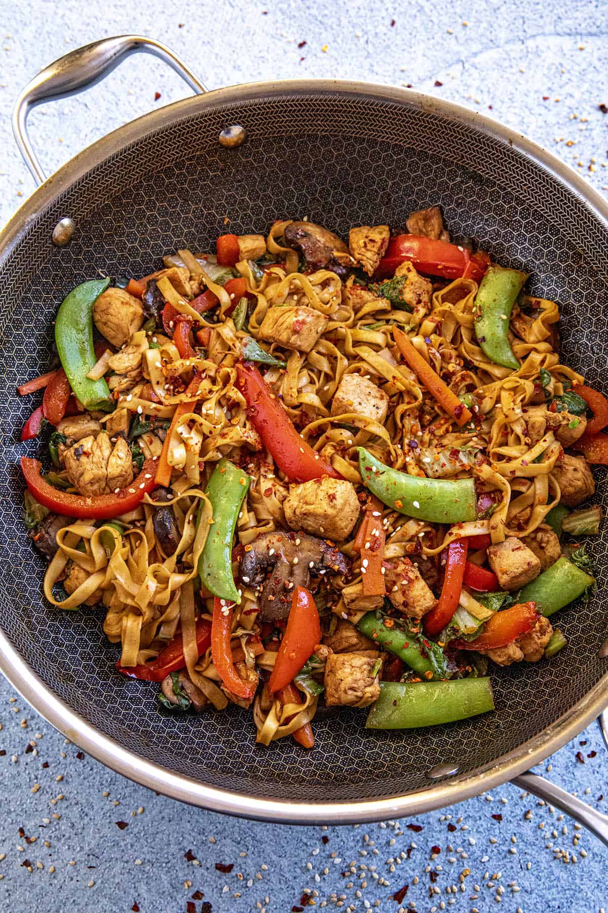 Chicken Lo Mein in a pan, ready to serve