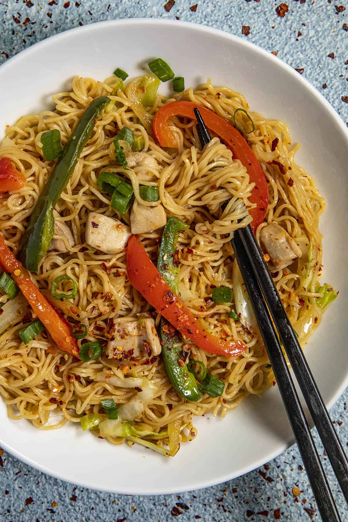 Chow Mein in a bowl with chopsticks