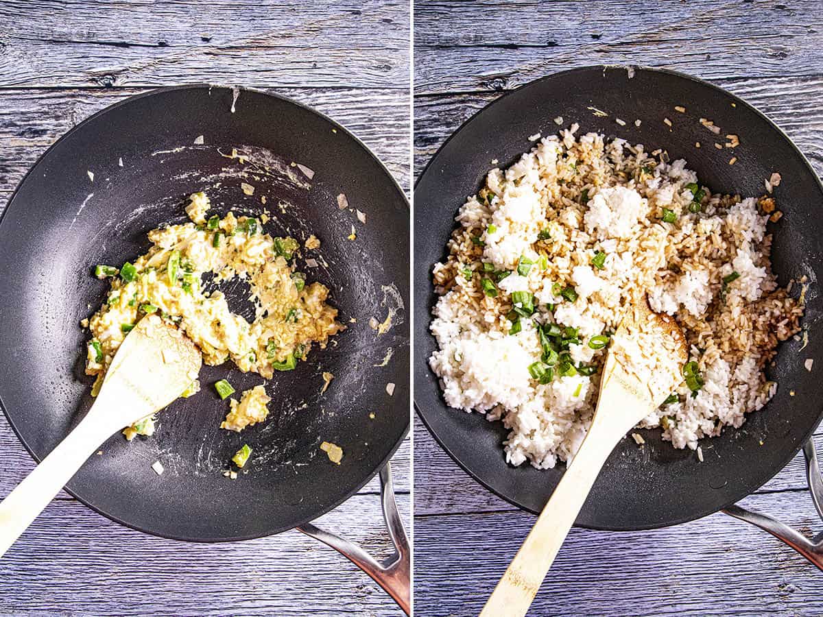 Stirring the remaining ingredients into the fried rice to make nasi goreng