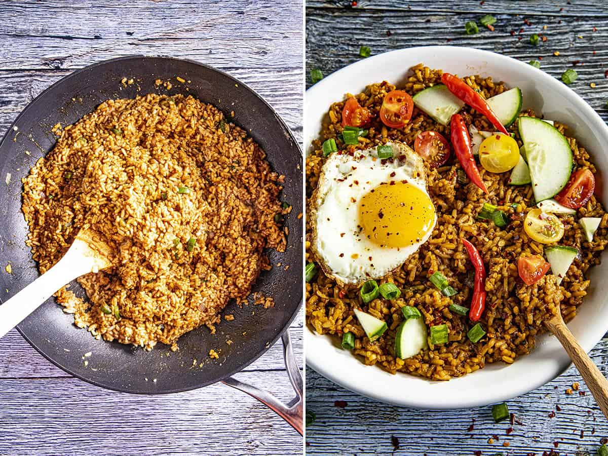 Finishing stirring up our Indonesian Fried Rice (Nasi Goreng) in a hot pan, and a final dish ready to serve