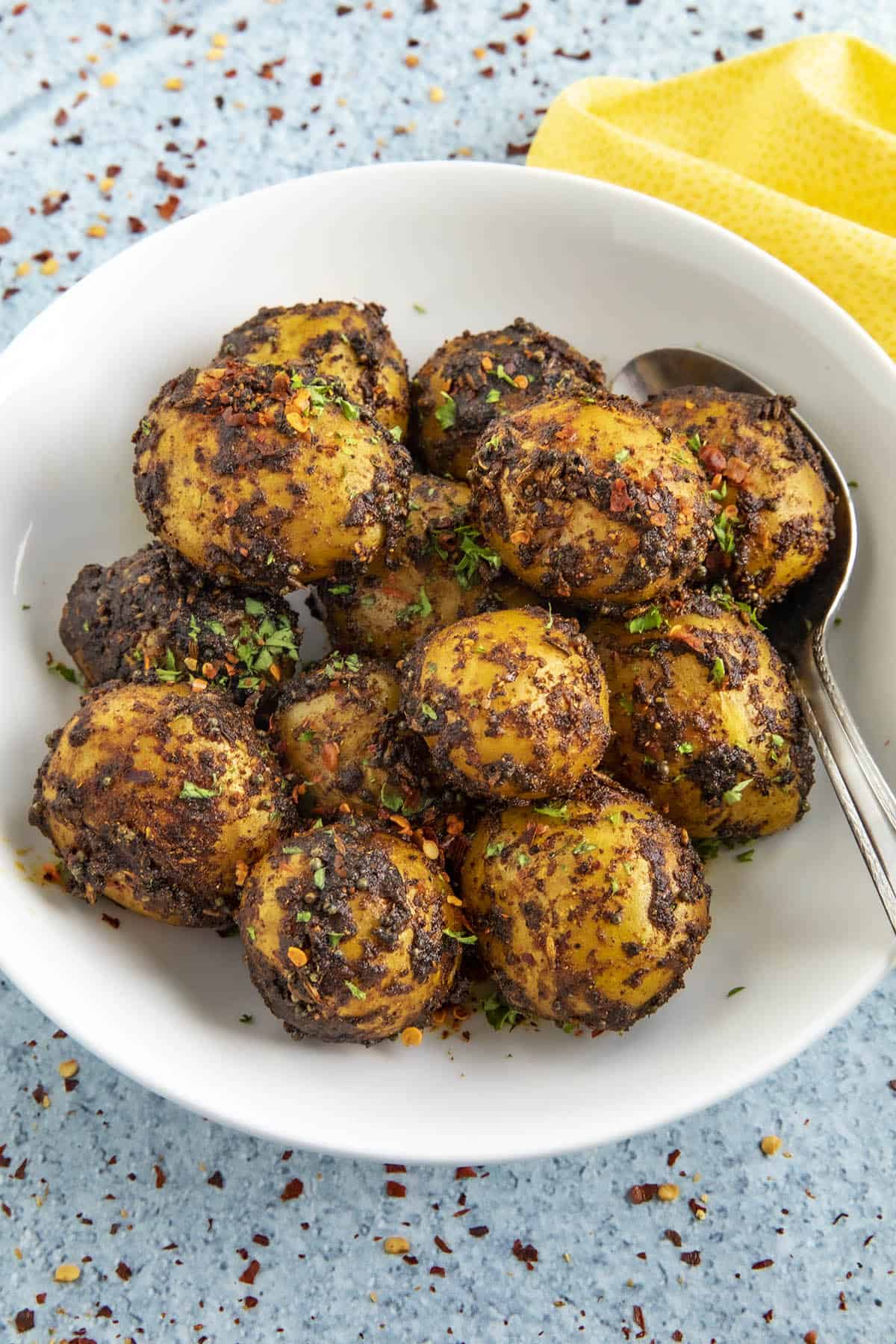 Bombay Potatoes in a bowl, ready to serve