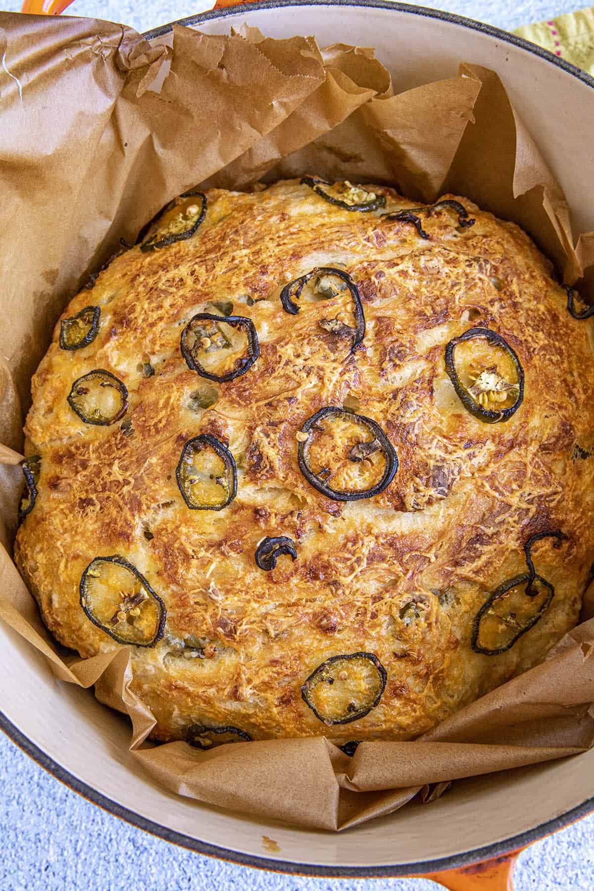 Jalapeno Cheddar Dutch oven bread just out of the oven