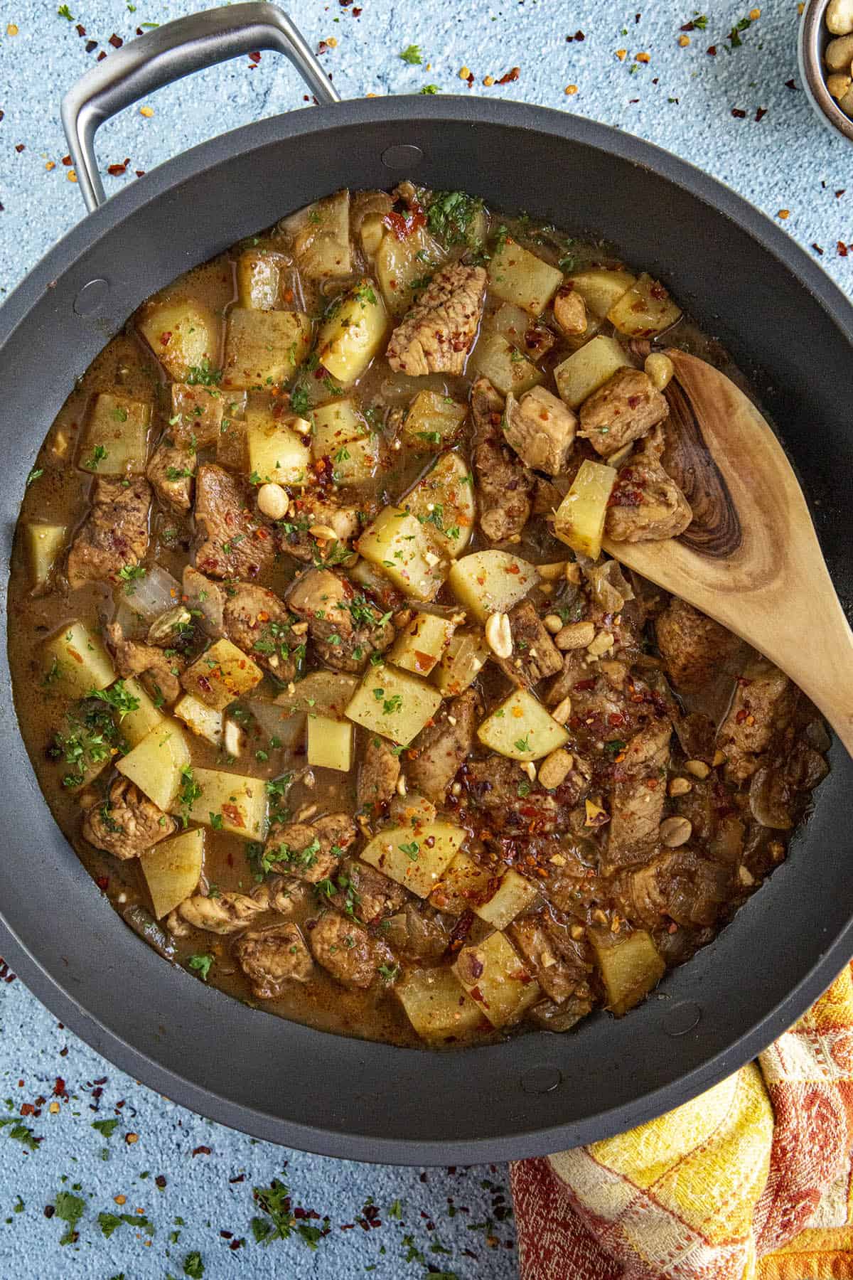 Massaman Curry in a pan with chicken and potatoes