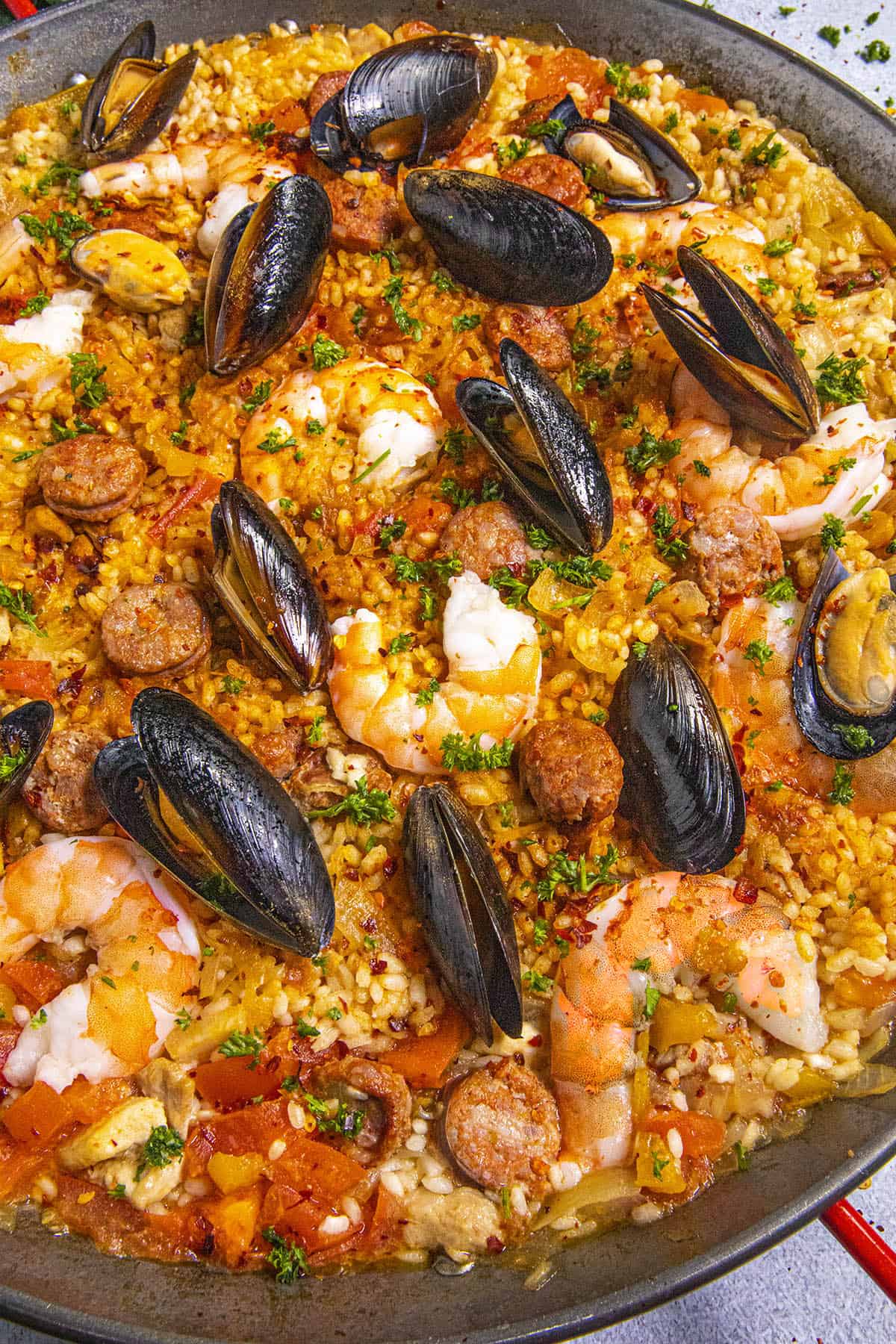 Paella in a pan, ready to serve