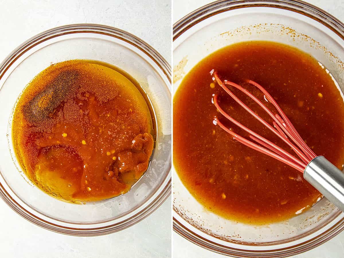 Whisking the firecracker shrimp marinade in a bowl