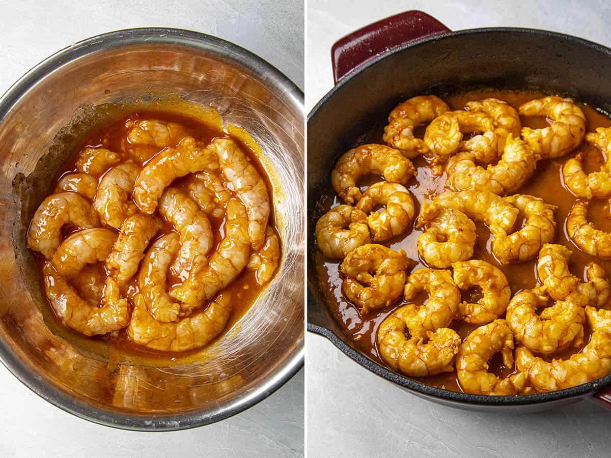 Marinating the shrimp in firecracker sauce, and cooking the shrimp in the pan