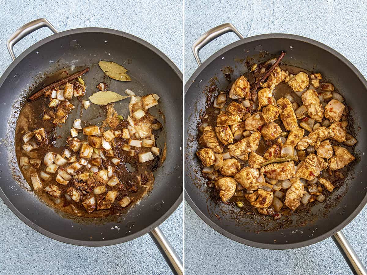 Cooking onion and curry paste in the pan, then chicken in the pan to make Massaman Curry