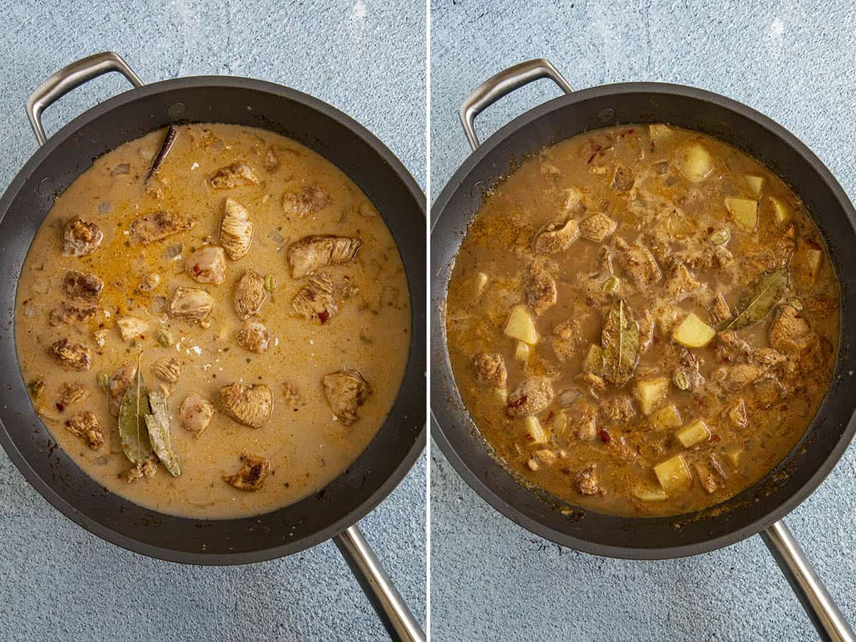 Coconut milk added to the Massaman Curry, and Massaman Curry simmering in a pan