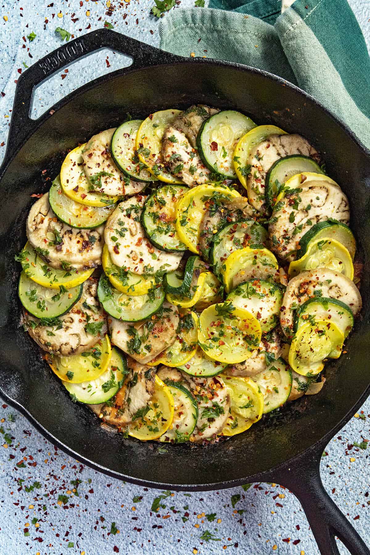 Ratatouille in a hot pan, ready to serve