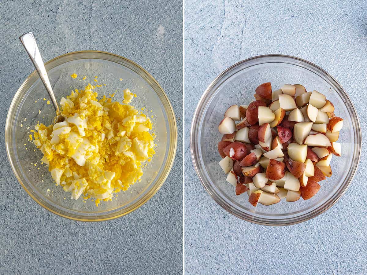 Stirring the creamy Potato Salad in a bowl